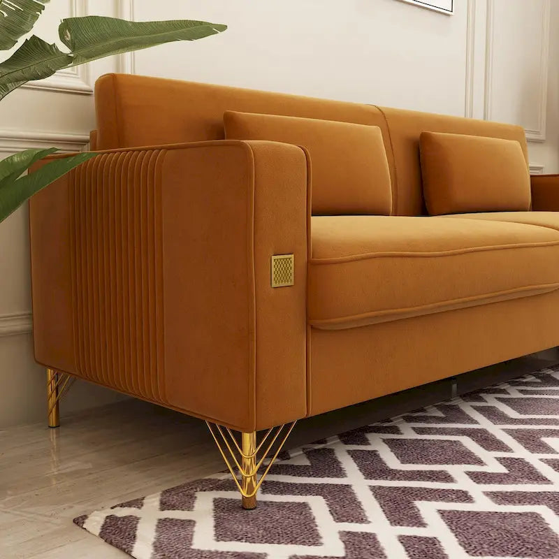 Canapé deux places moderne en velours capitonné avec coussins amovibles - 217,8 cm (P) x 77 cm (L) x 77,5 cm (H)