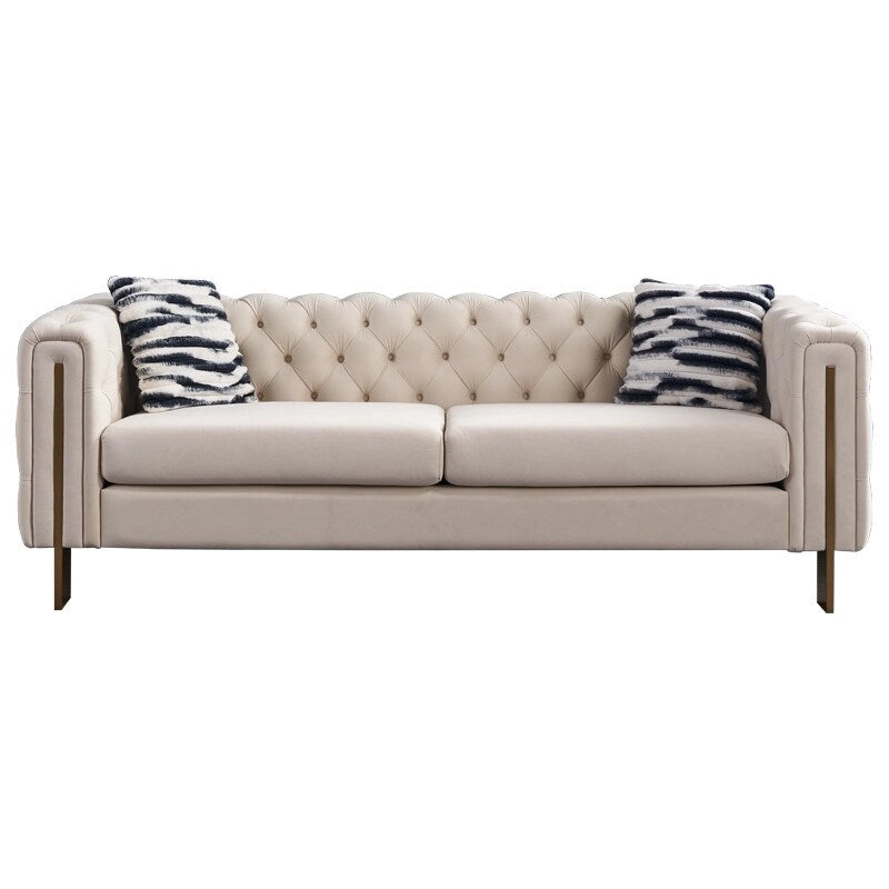 84.25 Luxurious Tufted Velvet Upholstered 3-Seater Sofa with Golden Metal Armrest Design and Buttoned Tufted Backrest