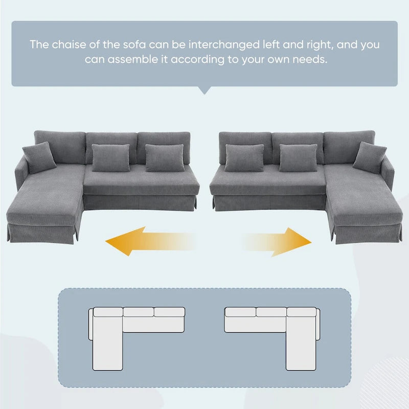 Canapé d'angle convertible moderne 4 places avec méridienne réversible et coussins
