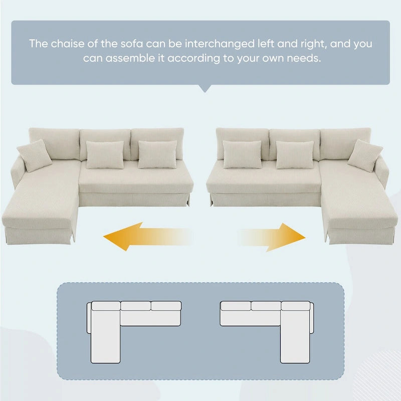 Canapé d'angle convertible moderne 4 places avec méridienne réversible et coussins
