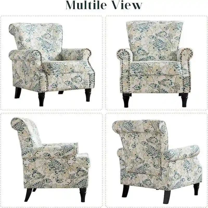 Fauteuil d'appoint rembourré à motif floral HOMYKA, accoudoirs roulés et garniture cloutée, lot de 2