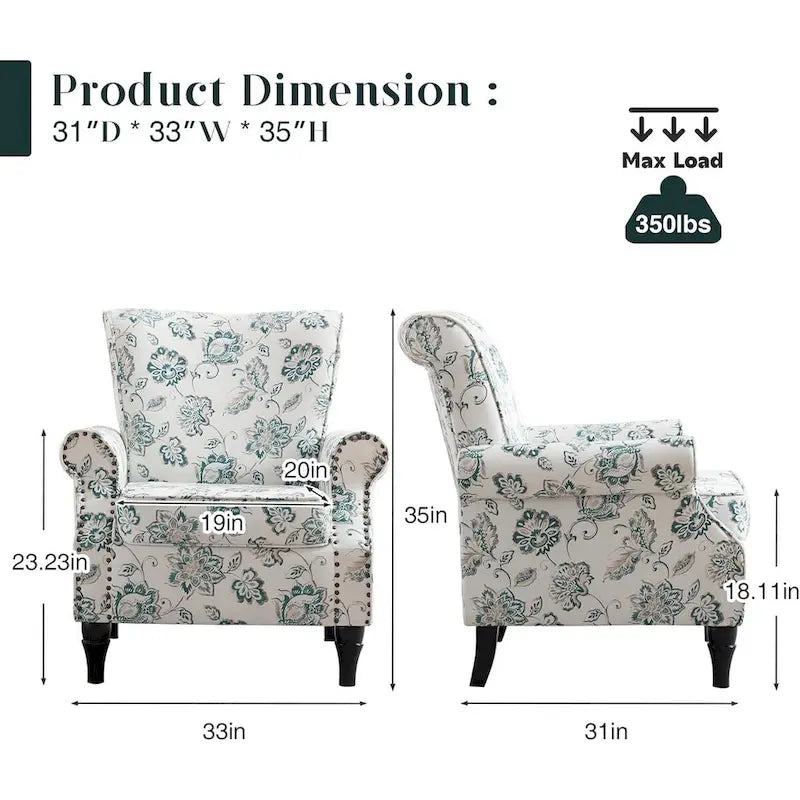 Fauteuil d'appoint rembourré à motif floral HOMYKA, accoudoirs roulés et garniture cloutée, lot de 2