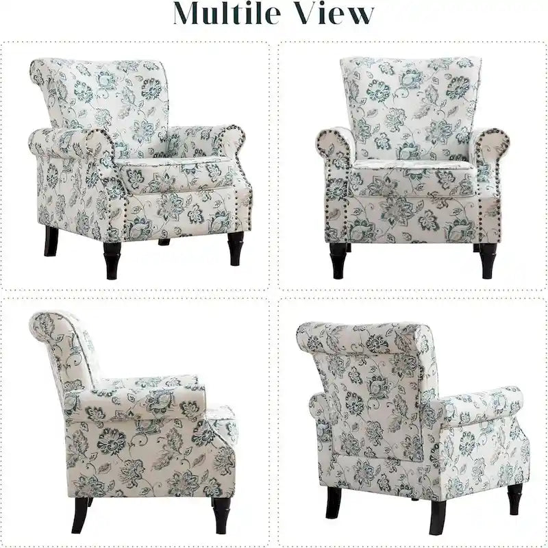 Fauteuil d'appoint rembourré à motif floral HOMYKA, accoudoirs roulés et garniture cloutée, lot de 2