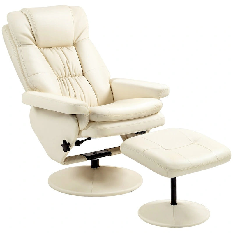 Fauteuil inclinable pivotant HOMCOM avec repose-pieds et pouf, revêtement en similicuir, base enveloppée, blanc crème