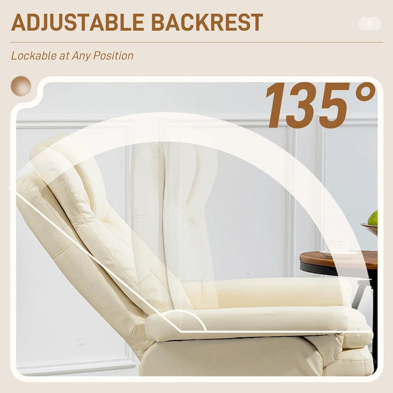 Fauteuil inclinable pivotant HOMCOM avec repose-pieds et pouf, revêtement en similicuir, base enveloppée, blanc crème