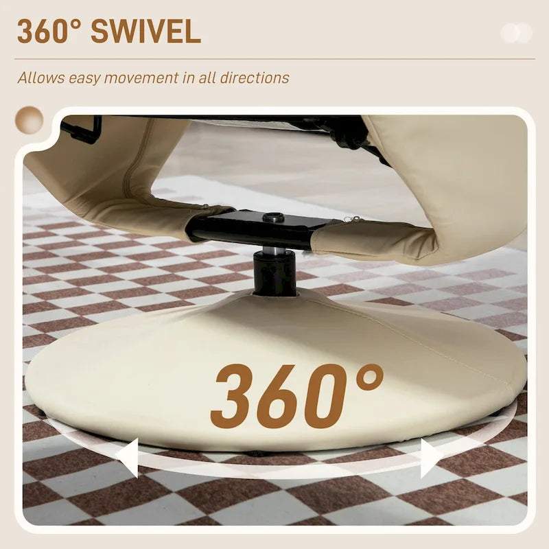 Fauteuil inclinable pivotant HOMCOM avec repose-pieds et pouf, revêtement en similicuir, base enveloppée, blanc crème