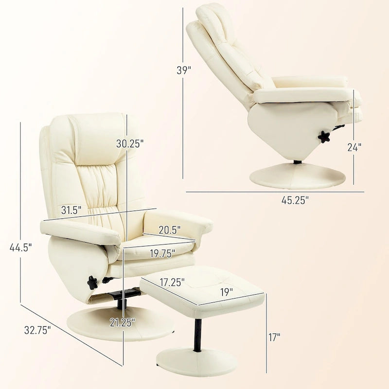 Fauteuil inclinable pivotant HOMCOM avec repose-pieds et pouf, revêtement en similicuir, base enveloppée, blanc crème