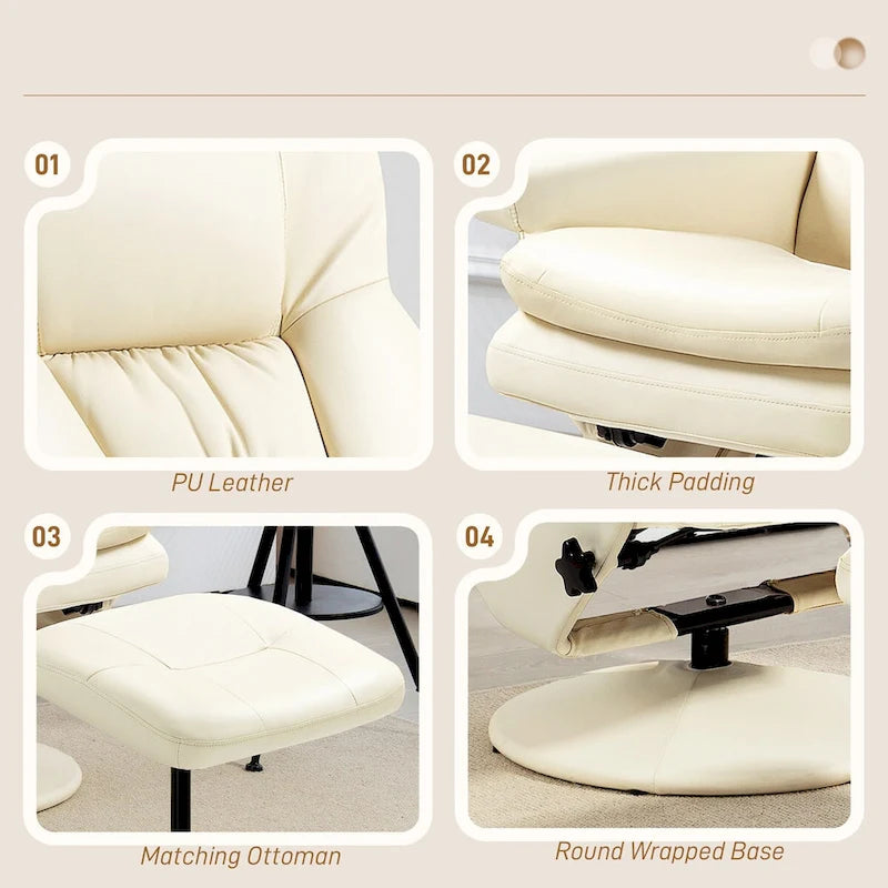 Fauteuil inclinable pivotant HOMCOM avec repose-pieds et pouf, revêtement en similicuir, base enveloppée, blanc crème