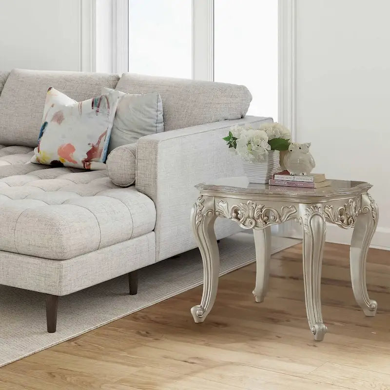 Traditional Style Marble Top End Table with Poly Resin Engravings,Gold