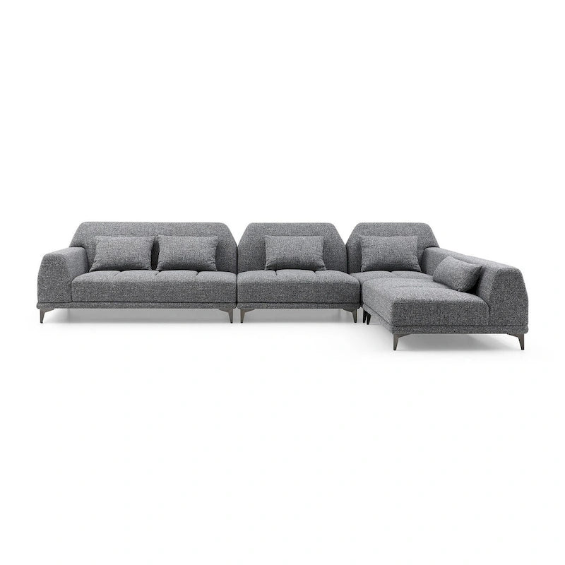 Grand canapé d'angle moderne amovible en tissu gris avec coussins
