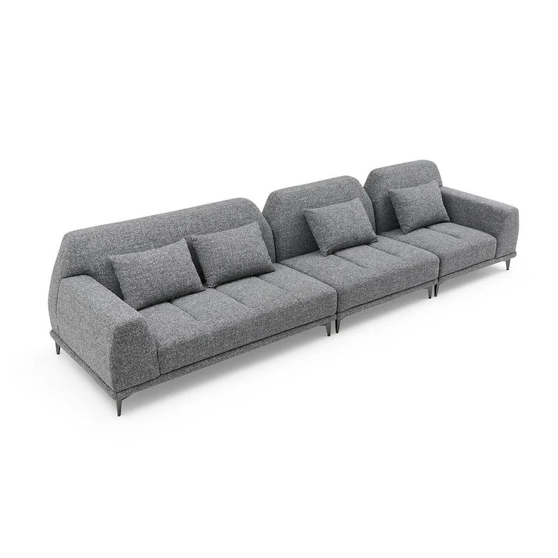 Grand canapé d'angle moderne amovible en tissu gris avec coussins
