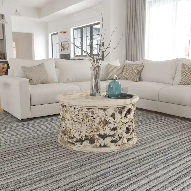 Alina Coffee Table Handcrafted Mango Wood Floral Carved Cut Out Design Distressed White Finish 33 Inch