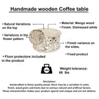 Table basse Alina en bois de manguier sculpté à la main, finition blanche vieillie, 84 cm (33 pouces).