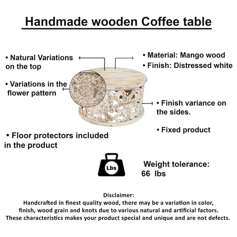 Table basse Alina en bois de manguier sculpté à la main, finition blanche vieillie, 84 cm (33 pouces).