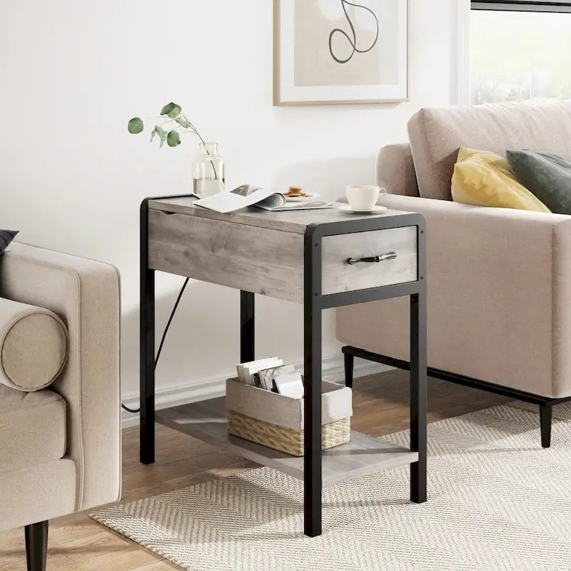 End Table with Charging Station, Narrow Side Table with Drawer and Storage End Table