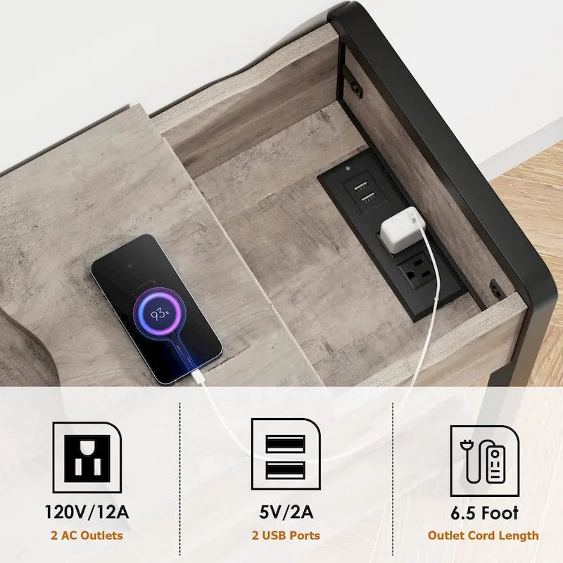 Table d'appoint avec station de recharge, table d'appoint étroite avec tiroir et rangement