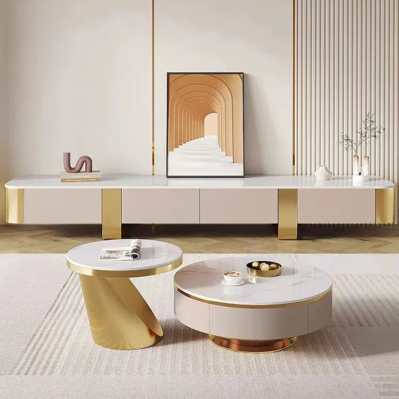 Meubles TV modernes 78,7, plateau en pierre frittée blanche brillante, pieds dorés, 4 tiroirs - 78,74