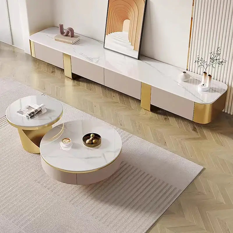 Meubles TV modernes 78,7, plateau en pierre frittée blanche brillante, pieds dorés, 4 tiroirs - 78,74