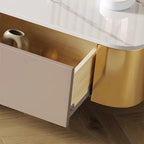 Meubles TV modernes 78,7, plateau en pierre frittée blanche brillante, pieds dorés, 4 tiroirs - 78,74