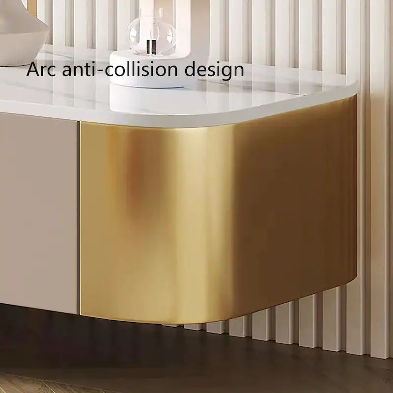 Meubles TV modernes 78,7, plateau en pierre frittée blanche brillante, pieds dorés, 4 tiroirs - 78,74