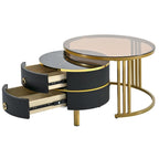 Table basse empilable moderne Mieres, ensemble de 2 tables basses gigognes, tables d'appoint avec plateau en verre trempé brun