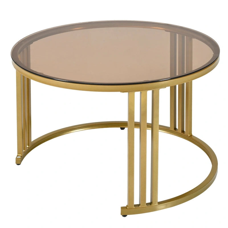 Table basse empilable moderne Mieres, ensemble de 2 tables basses gigognes, tables d'appoint avec plateau en verre trempé brun