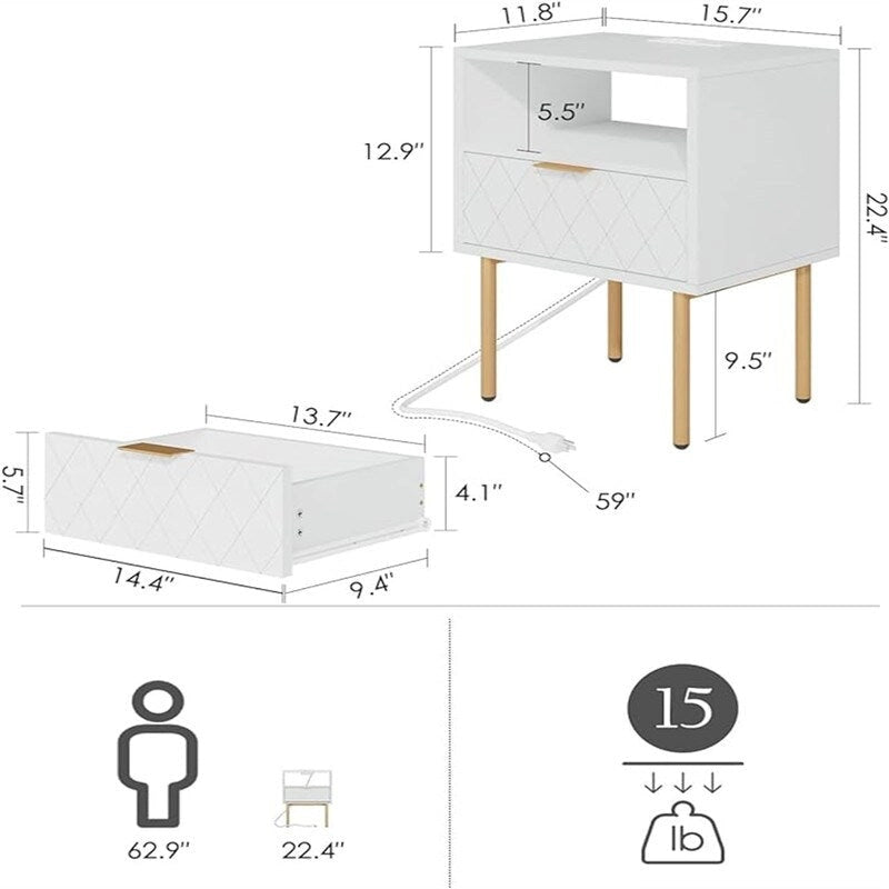 Table de chevet avec station de recharge - 11,81 cm (P) x 15,75 cm (L) x 22,05 cm (H)
