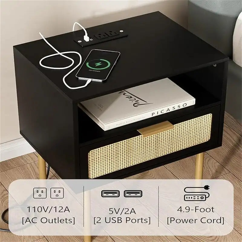 Table de chevet avec station de recharge - 11,81 cm (P) x 15,75 cm (L) x 22,05 cm (H)