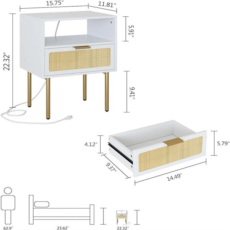 Table de chevet avec station de recharge - 11,81 cm (P) x 15,75 cm (L) x 22,05 cm (H)