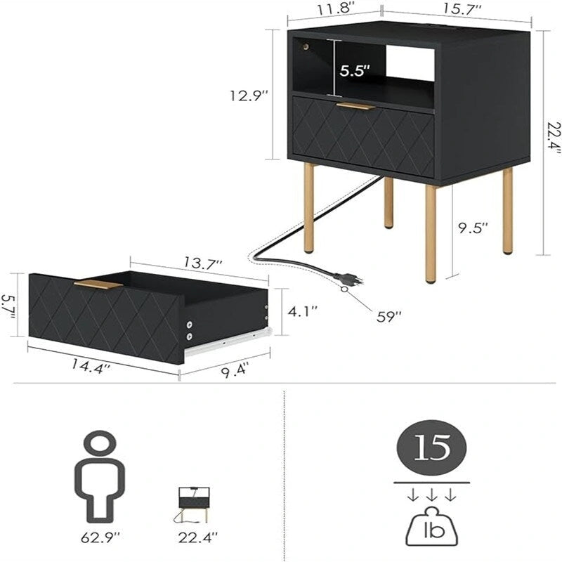 Table de chevet avec station de recharge - 11,81 cm (P) x 15,75 cm (L) x 22,05 cm (H)