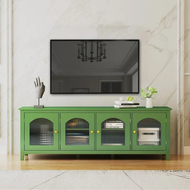 Meuble TV vintage français vert, buffet d'artiste avec portes et étagères vitrées, meuble de rangement pour coin café