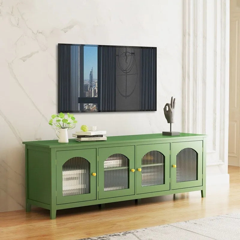 Meuble TV vintage français vert, buffet d'artiste avec portes et étagères vitrées, meuble de rangement pour coin café
