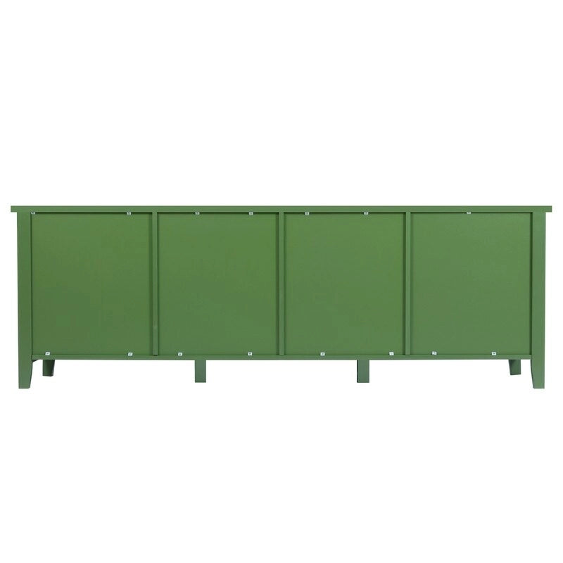 Meuble TV vintage français vert, buffet d'artiste avec portes et étagères vitrées, meuble de rangement pour coin café