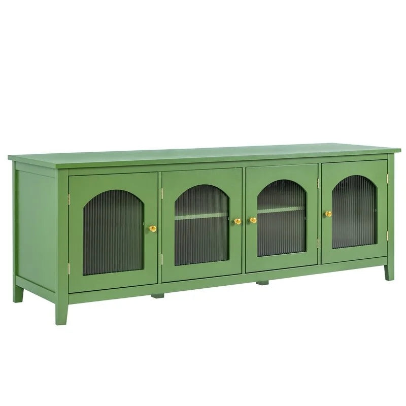 Meuble TV vintage français vert, buffet d'artiste avec portes et étagères vitrées, meuble de rangement pour coin café