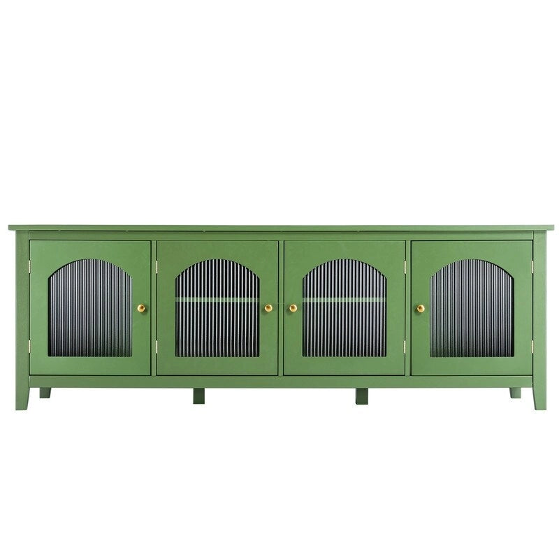 Meuble TV vintage français vert, buffet d'artiste avec portes et étagères vitrées, meuble de rangement pour coin café