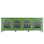Meuble TV vintage français vert, buffet d'artiste avec portes et étagères vitrées, meuble de rangement pour coin café