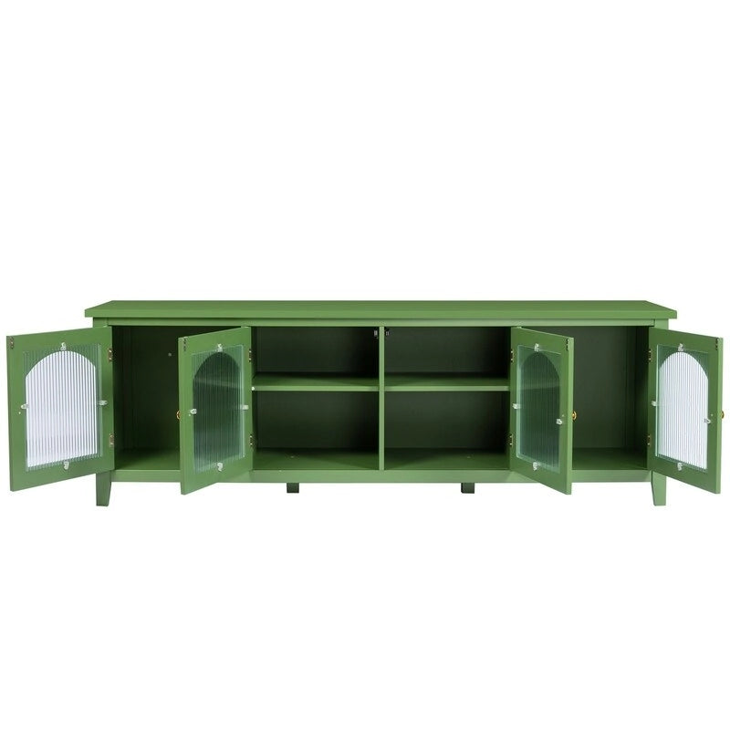 Meuble TV vintage français vert, buffet d'artiste avec portes et étagères vitrées, meuble de rangement pour coin café