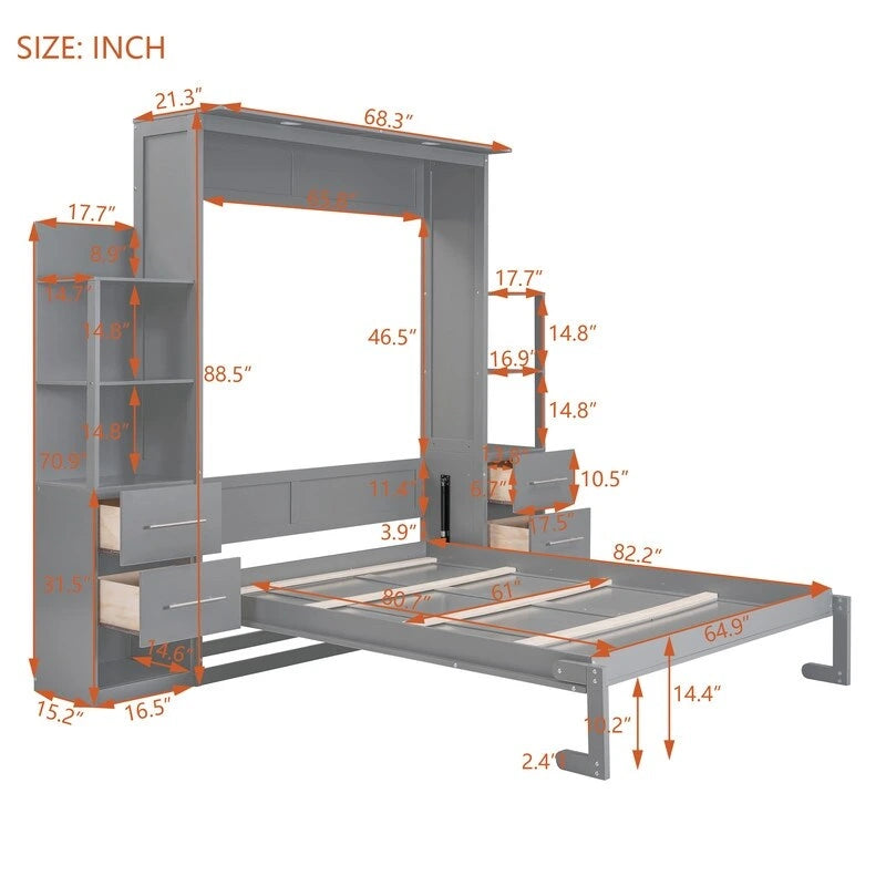 Lit escamotable mural Queen Size avec étagères, tiroirs et éclairage LED