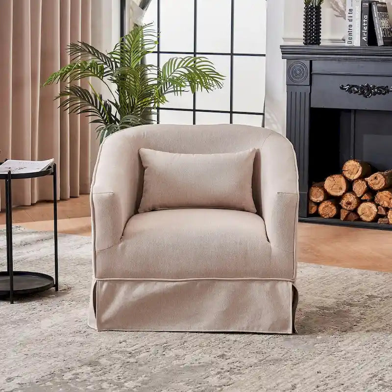 Fauteuil pivotant rond avec repose-pieds, idéal pour la lecture au salon ou dans la chambre, avec un piètement en métal noir.