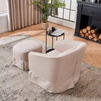 Fauteuil pivotant rond avec repose-pieds, idéal pour la lecture au salon ou dans la chambre, avec un piètement en métal noir.