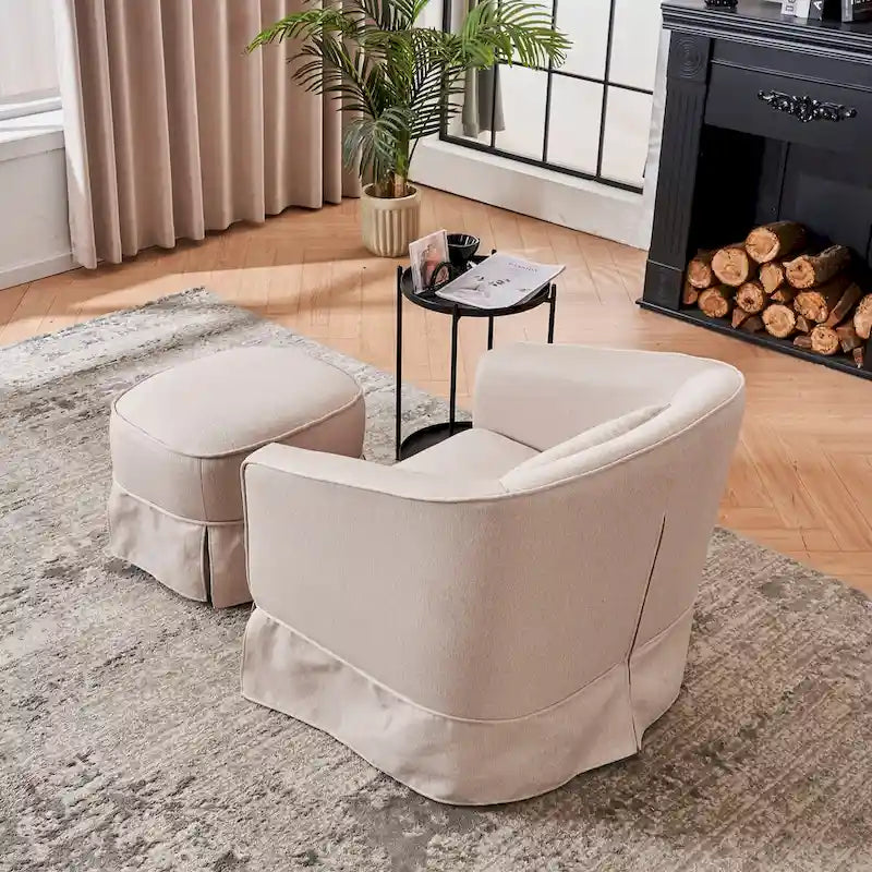 Fauteuil pivotant rond avec repose-pieds, idéal pour la lecture au salon ou dans la chambre, avec un piètement en métal noir.