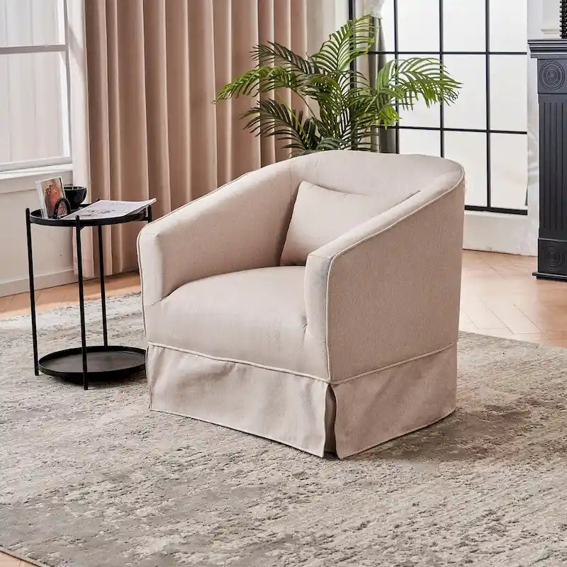 Fauteuil pivotant rond avec repose-pieds, idéal pour la lecture au salon ou dans la chambre, avec un piètement en métal noir.