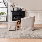 Fauteuil pivotant rond avec repose-pieds, idéal pour la lecture au salon ou dans la chambre, avec un piètement en métal noir.