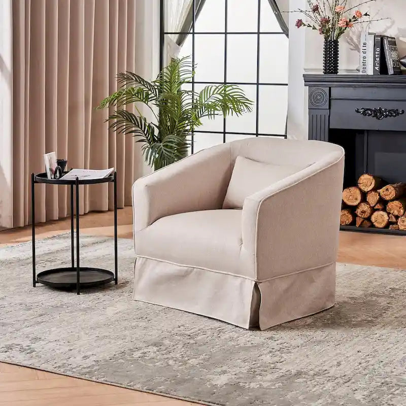 Fauteuil pivotant rond avec repose-pieds, idéal pour la lecture au salon ou dans la chambre, avec un piètement en métal noir.