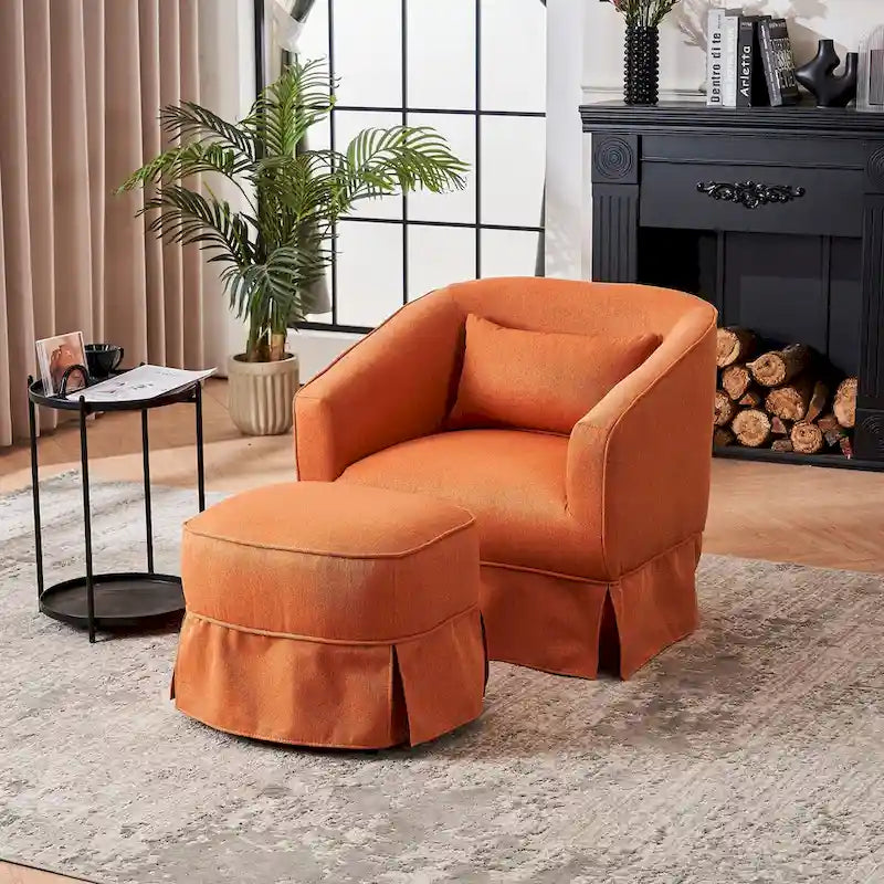Fauteuil pivotant rond avec repose-pieds, idéal pour la lecture au salon ou dans la chambre, avec un piètement en métal noir.