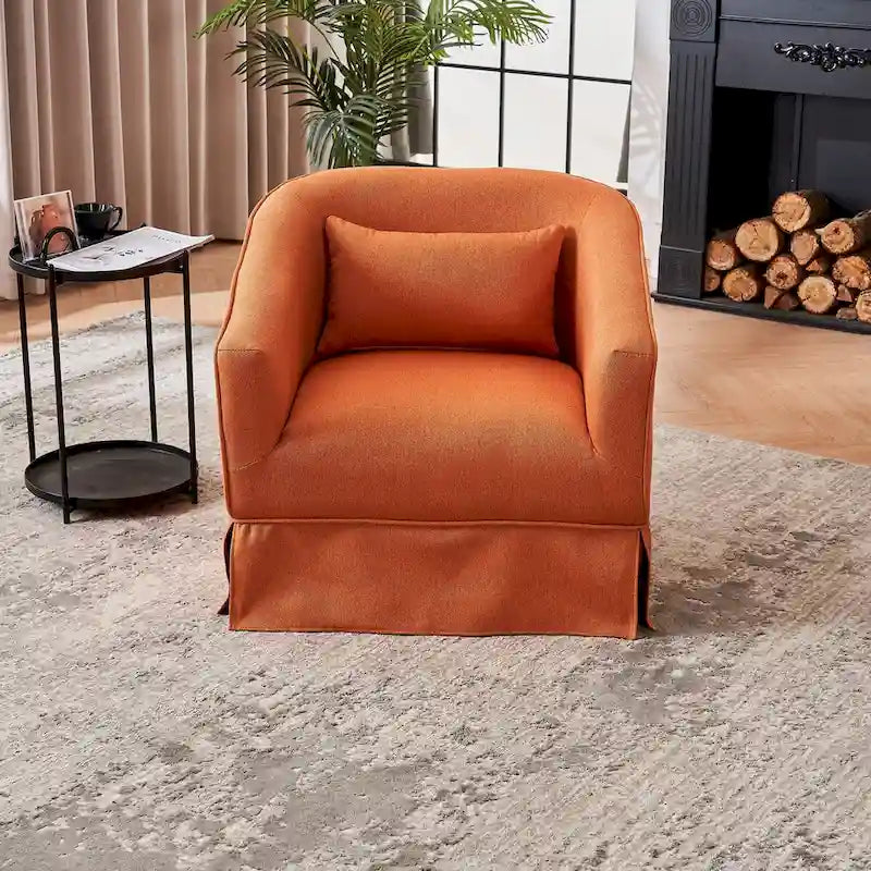 Fauteuil pivotant rond avec repose-pieds, idéal pour la lecture au salon ou dans la chambre, avec un piètement en métal noir.