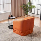 Fauteuil pivotant rond avec repose-pieds, idéal pour la lecture au salon ou dans la chambre, avec un piètement en métal noir.