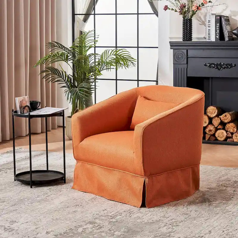 Fauteuil pivotant rond avec repose-pieds, idéal pour la lecture au salon ou dans la chambre, avec un piètement en métal noir.