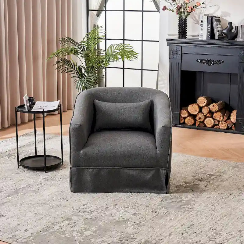 Fauteuil pivotant rond avec repose-pieds, idéal pour la lecture au salon ou dans la chambre, avec un piètement en métal noir.