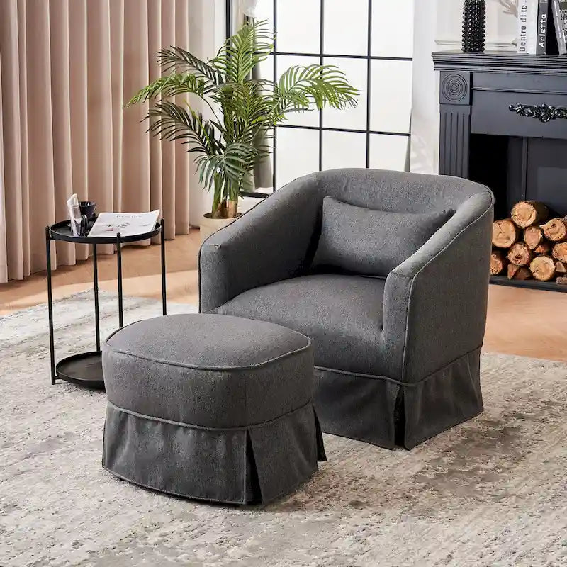 Fauteuil pivotant rond avec repose-pieds, idéal pour la lecture au salon ou dans la chambre, avec un piètement en métal noir.